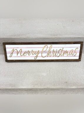 Large Merry Christmas Striped Wood Wall Sign - Gold Script